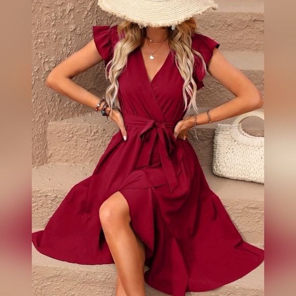 New Boho Ruffle Wrap Dress High Low Burgundy Red - Picture 6 of 8